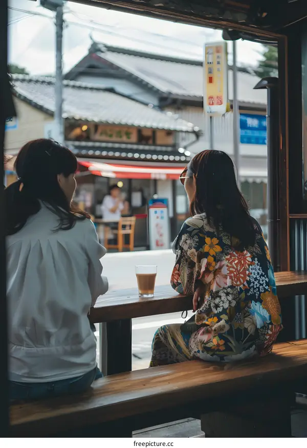 Two Asian Women Sitting at a Wooden Bench in a Cafe with a Glass of Coffee