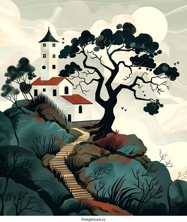 Stone Steps Leading to a Small White House