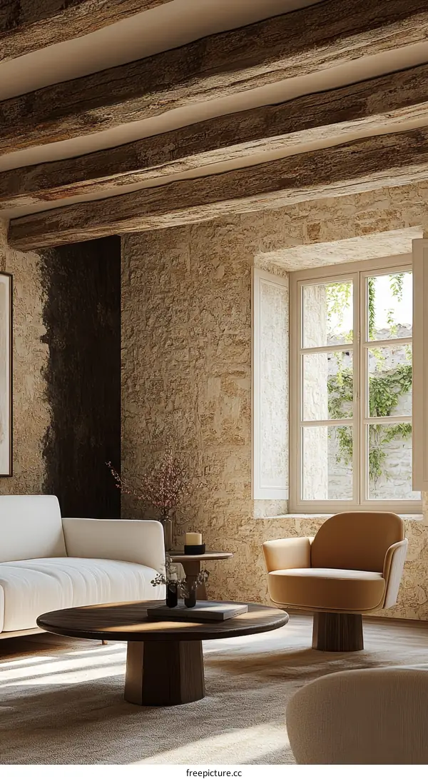 Modern Rustic Living Room with Wooden Beams