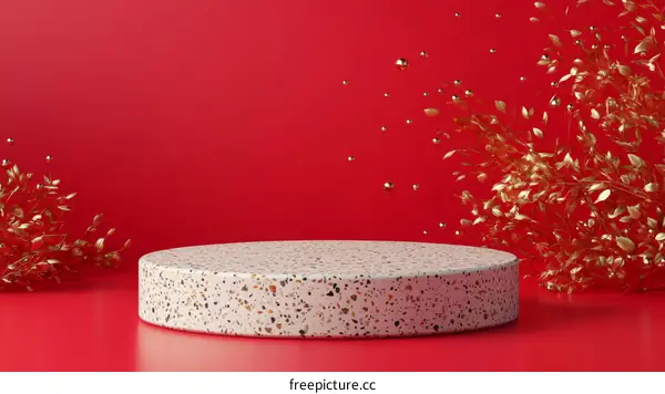 Modern Red Background with a Marble Display Podium and Golden Decorative Items