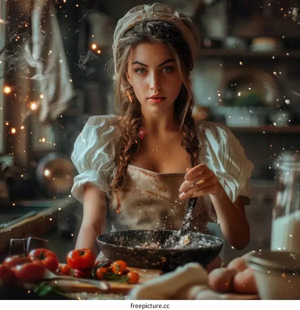 Portrait of a beautiful young woman in a traditional European kitchen