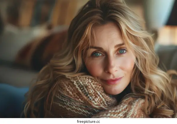 Relaxed Woman in Cozy Knitted Shawl