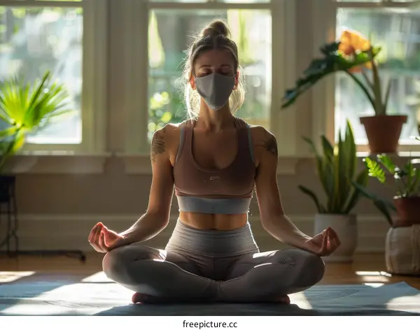 A young woman wearing a mask is meditating in a yoga pose