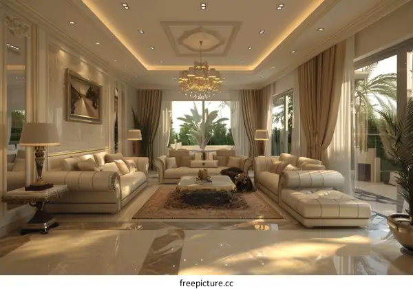 Opulent Living Room with White Sofas and Patterned Rug