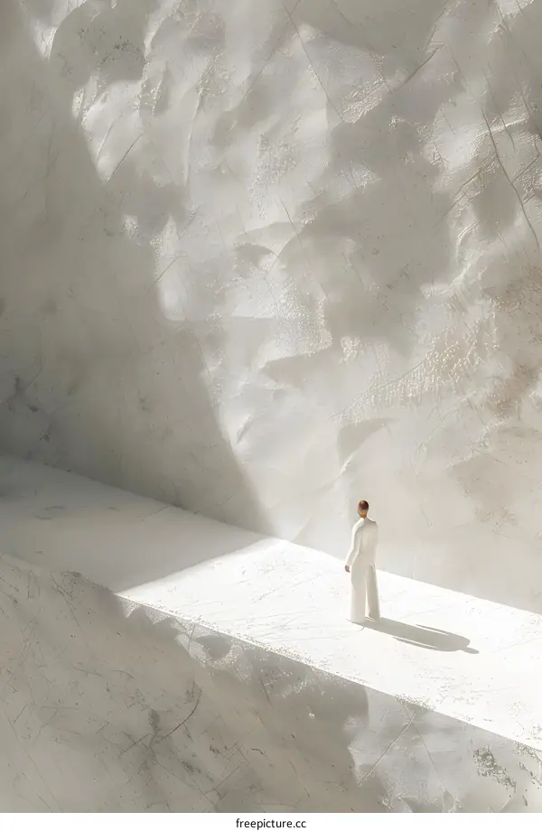 A man standing on a narrow path between two large white walls