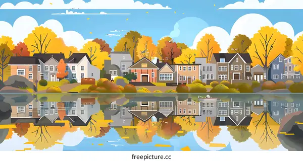Autumn Townhouses on the Water with Reflection