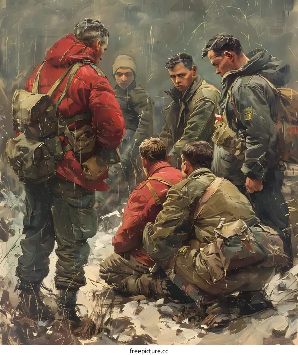 Five soldiers in winter gear are looking at something on the snowy ground.