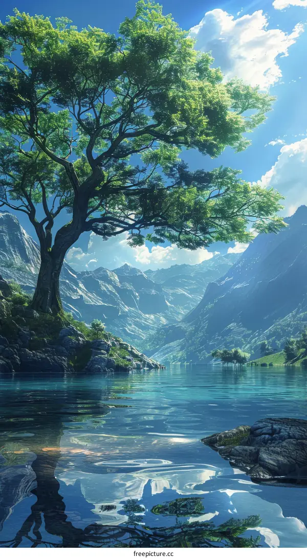 Fantasy Landscape with Majestic Tree and Distant Mountains