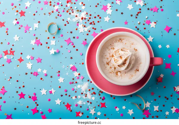 Pink Cup Of Coffee With Whipped Cream And Confetti On A Blue Background