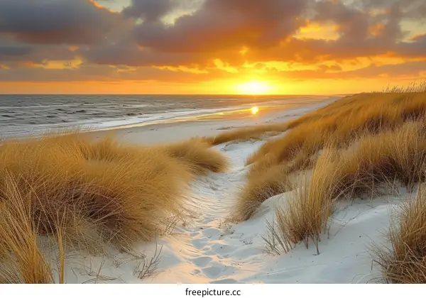 The setting sun casts long shadows over the windswept dunes