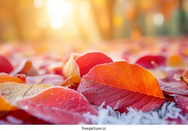Red and yellow fallen leaves covered with morning frost in autumn