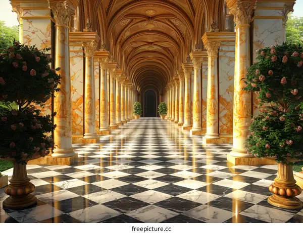 Grand Palace Hallway with Checkerboard Marble Floor and Gold Columns