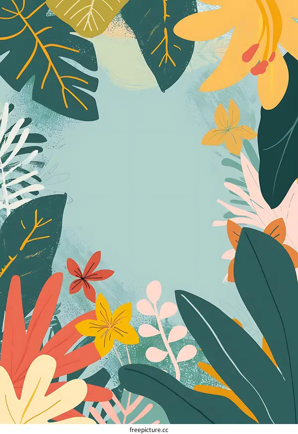 Tropical Leaves and Flowers Illustration with a Blue Background