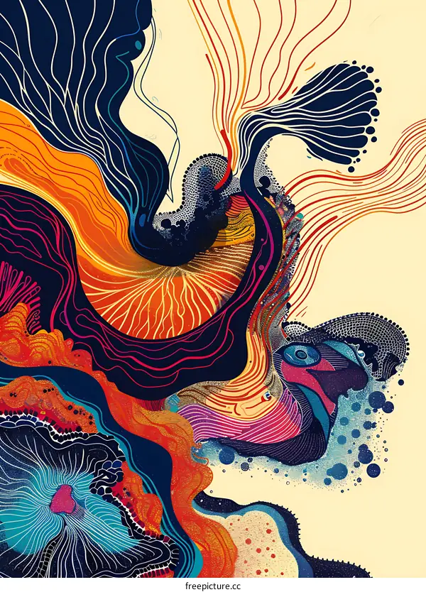 Abstract Colorful Artwork with Organic Shapes and Lines