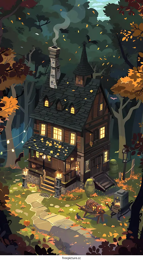 Autumn Forest House With Smoke Coming From Chimney