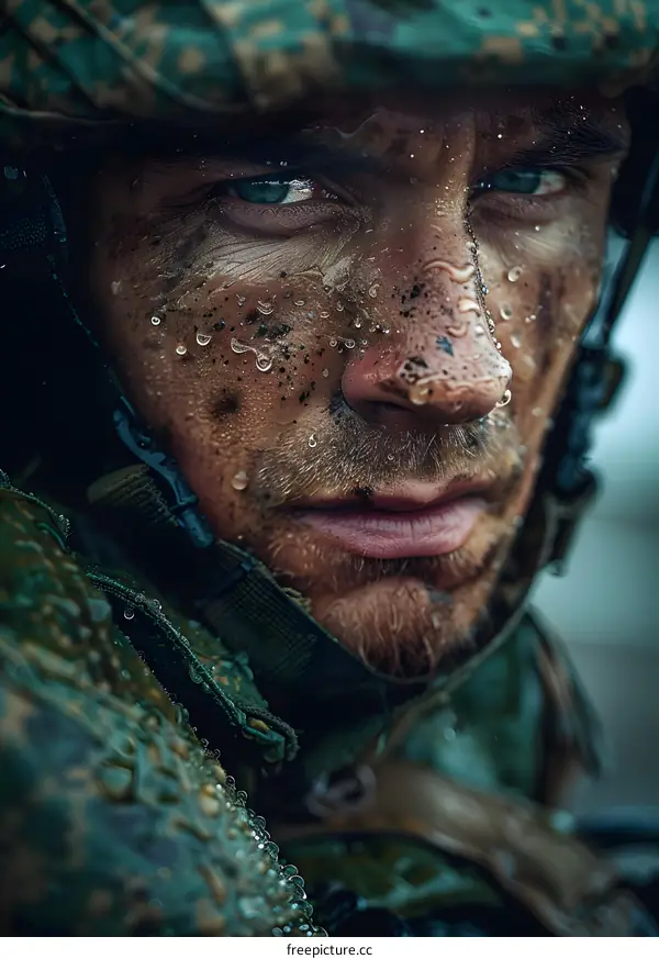 Portrait of a soldier with green eyes and camouflage on his face