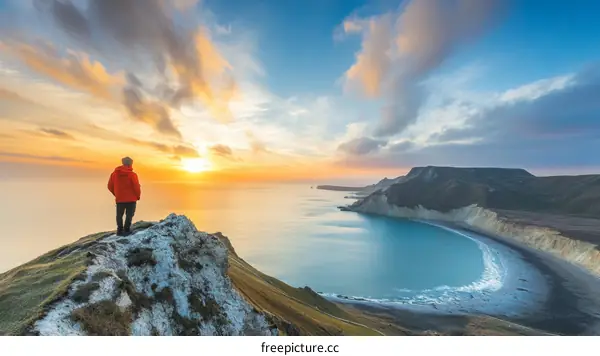 Sunset Over Coastal Cliffs with Person