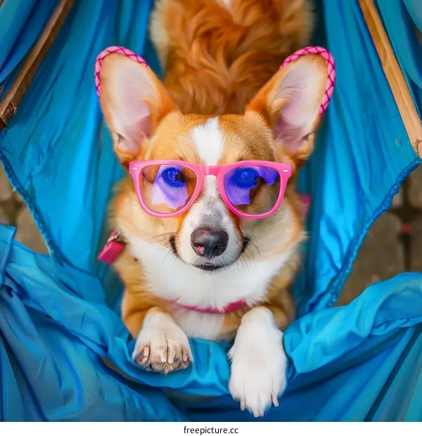 A corgi dog wearing sunglasses is taking a nap in a hammock