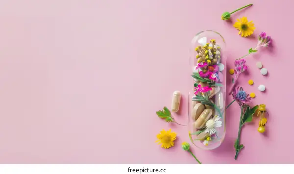 Close-up image of pills and flowers