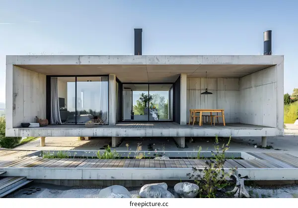 Modern Concrete House with Wooden Deck and Patio