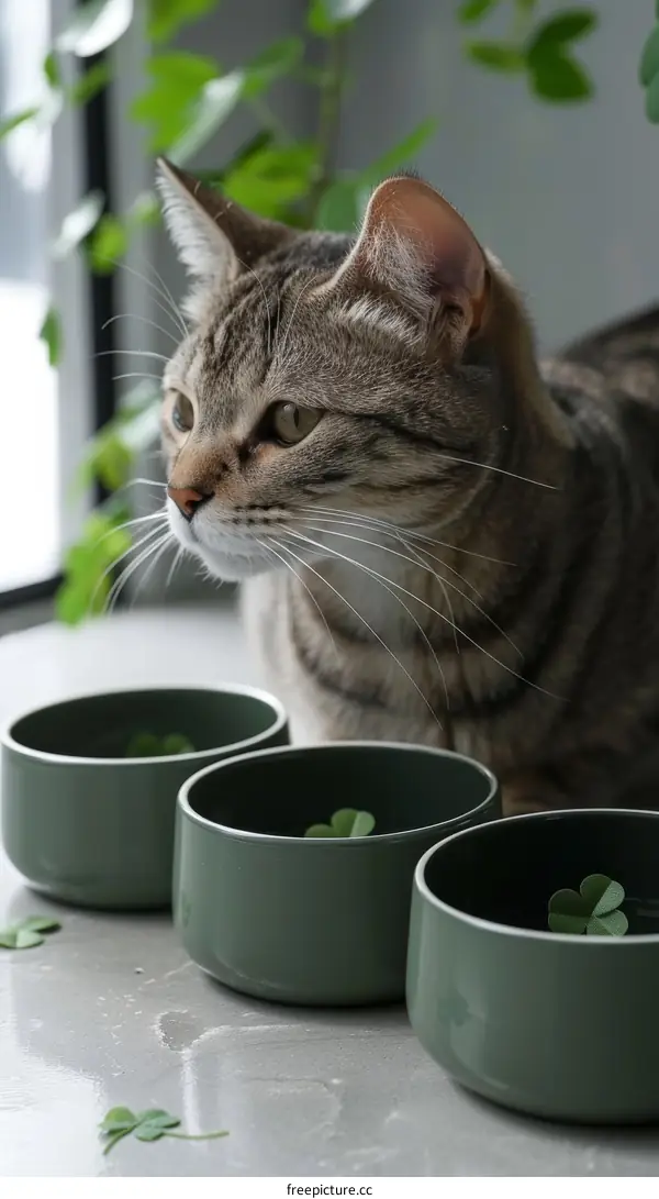 A cute cat looking at three bowls with four-leaf clovers