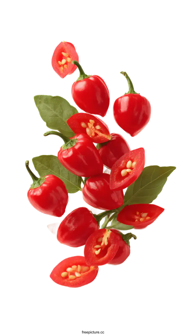 [Transparent Background PNG]Fresh Red Peppers with Leaves