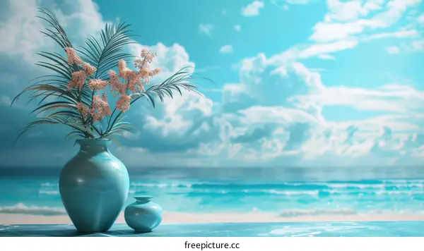 blue vase with pink flowers on the beach