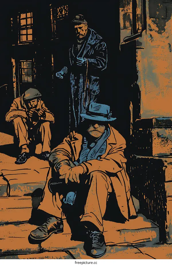 Three Men Sitting on a Street Corner Illustration