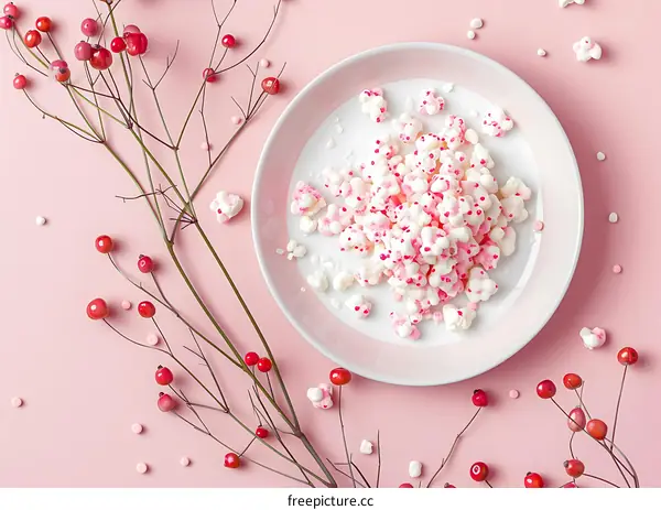 Pink Popcorn with Red Berries and White Sprinkles on Pink Background