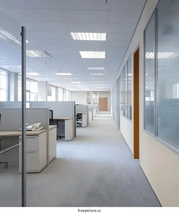 Modern Office Hallway with Glass Walls and Cubicles
