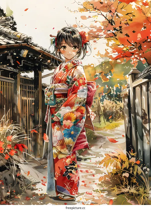 An illustration of a young woman wearing a kimono standing in a traditional Japanese street