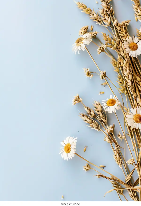 Dried Daisy Flowers and Wheat on a Light Blue Background