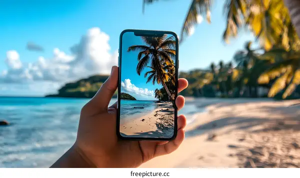 Hand Holding Phone With Beach and Palm Trees