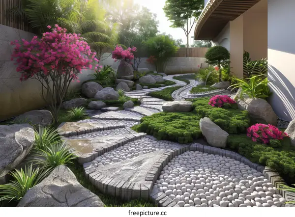 Japanese Zen Garden with Stone Path and Pink Flowers