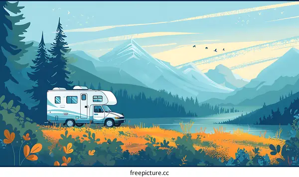 Mountain Landscape with RV and Lake