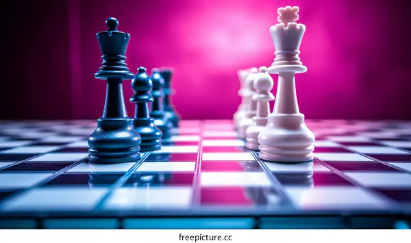 Chess pieces on a chessboard with a pink background