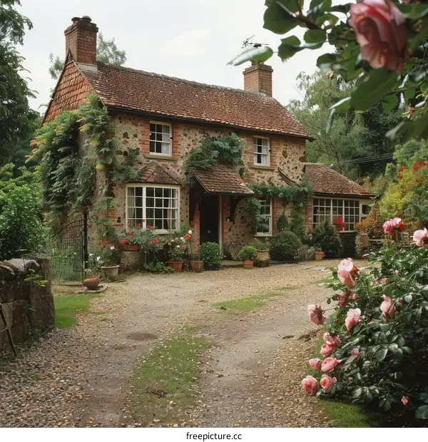 English Country Cottage with Roses