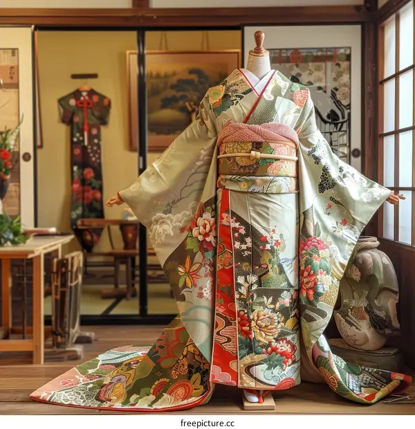 A kimono with a pattern of flowers and birds