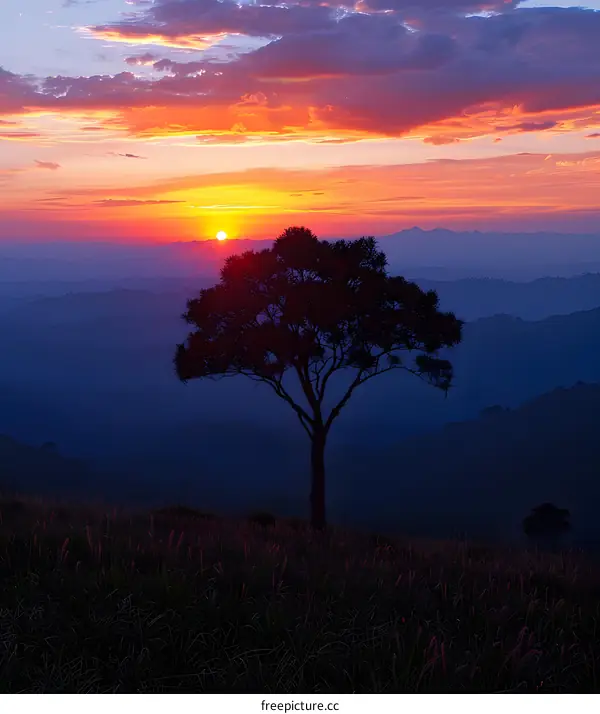 Silhouette of Tree on Mountain Ridge at Sunset