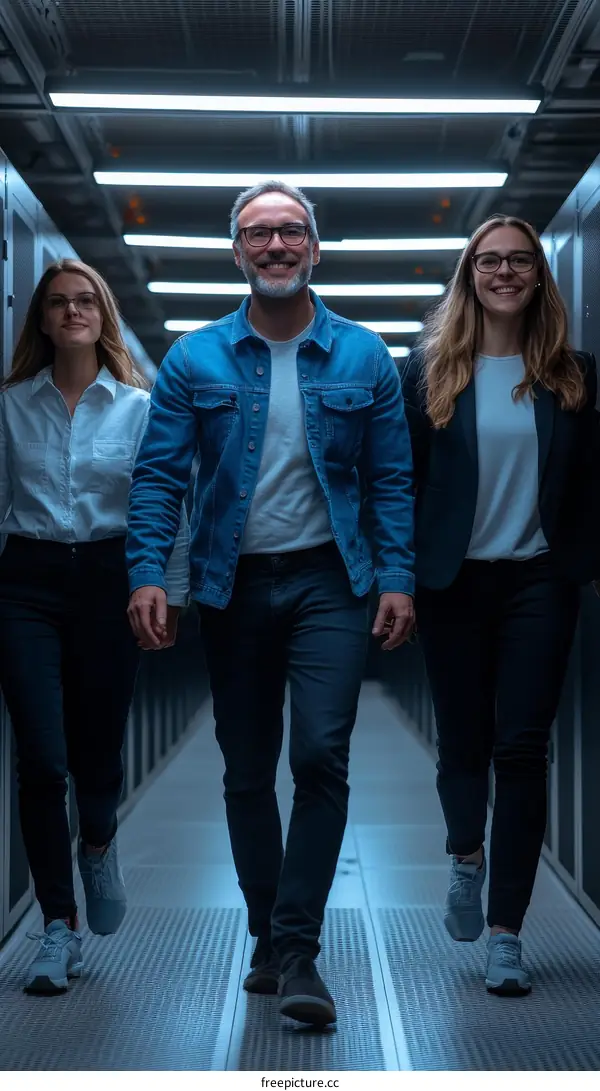 Three Diverse Colleagues Walking Through a Server Room