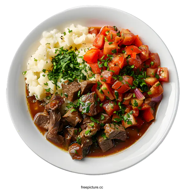 [Transparent Background PNG]Beef Stew with Mashed Potatoes and Tomato Salad