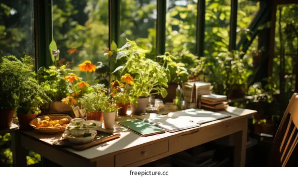 A sunlit home office with a large window and lots of plants