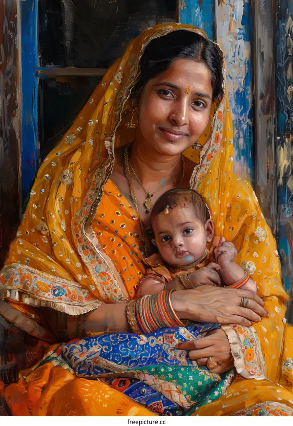 Indian Mother and Child Portrait Painting