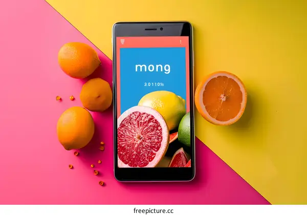 Mobile Phone Screen with Fruit on Colored Background
