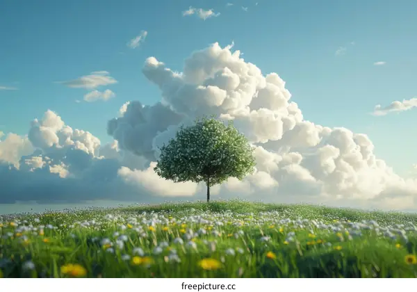 Tranquil Spring Meadow with Majestic Tree and Cloudscape