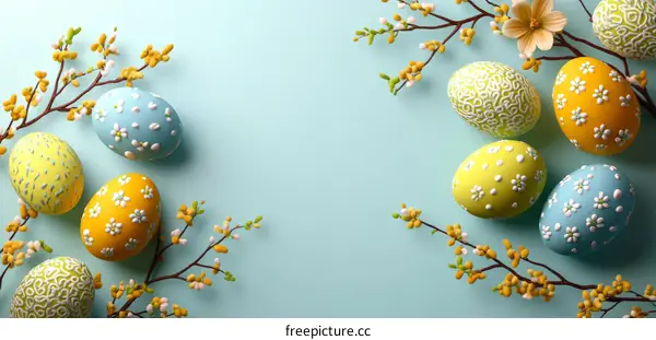 Colorful Easter Eggs Decorated with Spring Blossoms
