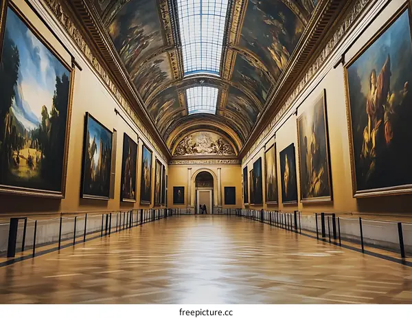 Long Hallway In Art Museum With Paintings On The Walls