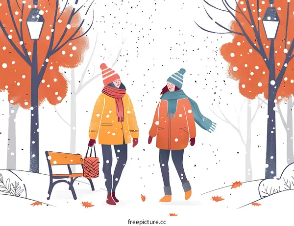 Two Women Walking in Snowy Winter Park Illustration