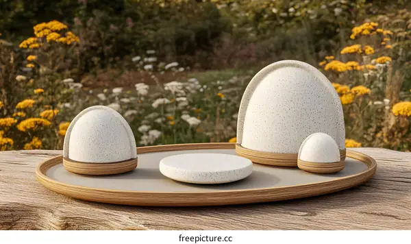 White Ceramic Display Stand with Wooden Base on Wood Table