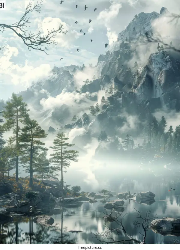 Misty Mountain Lake Scenery Illustration